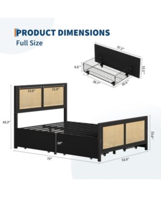  Rattan Bed Frame with Storage Drawers, Boho King Size Led Bed Frame with Strong Metal Slats Support, No Box Spring Needed, Noise-Free Design,