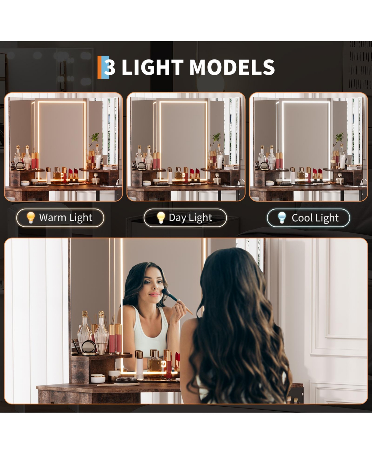 Gaomon Corner Vanity Desk Led Lighted Mirror Charging Station and Storage Cabinet for Bedrooms, Apartments