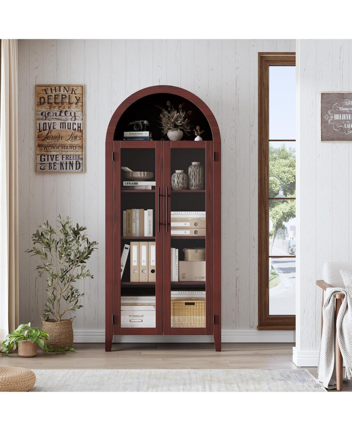 gaomon Arched Kitchen Pantry Cabinet, 5-Tier Open Shelf with Glass Doors, Farmhouse Storage for & Dining