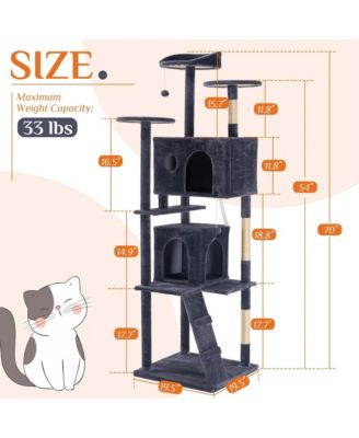 70" Grey Large Cat Tree Tower: Multi-Level, Scratching Post, Jumping Platform Space