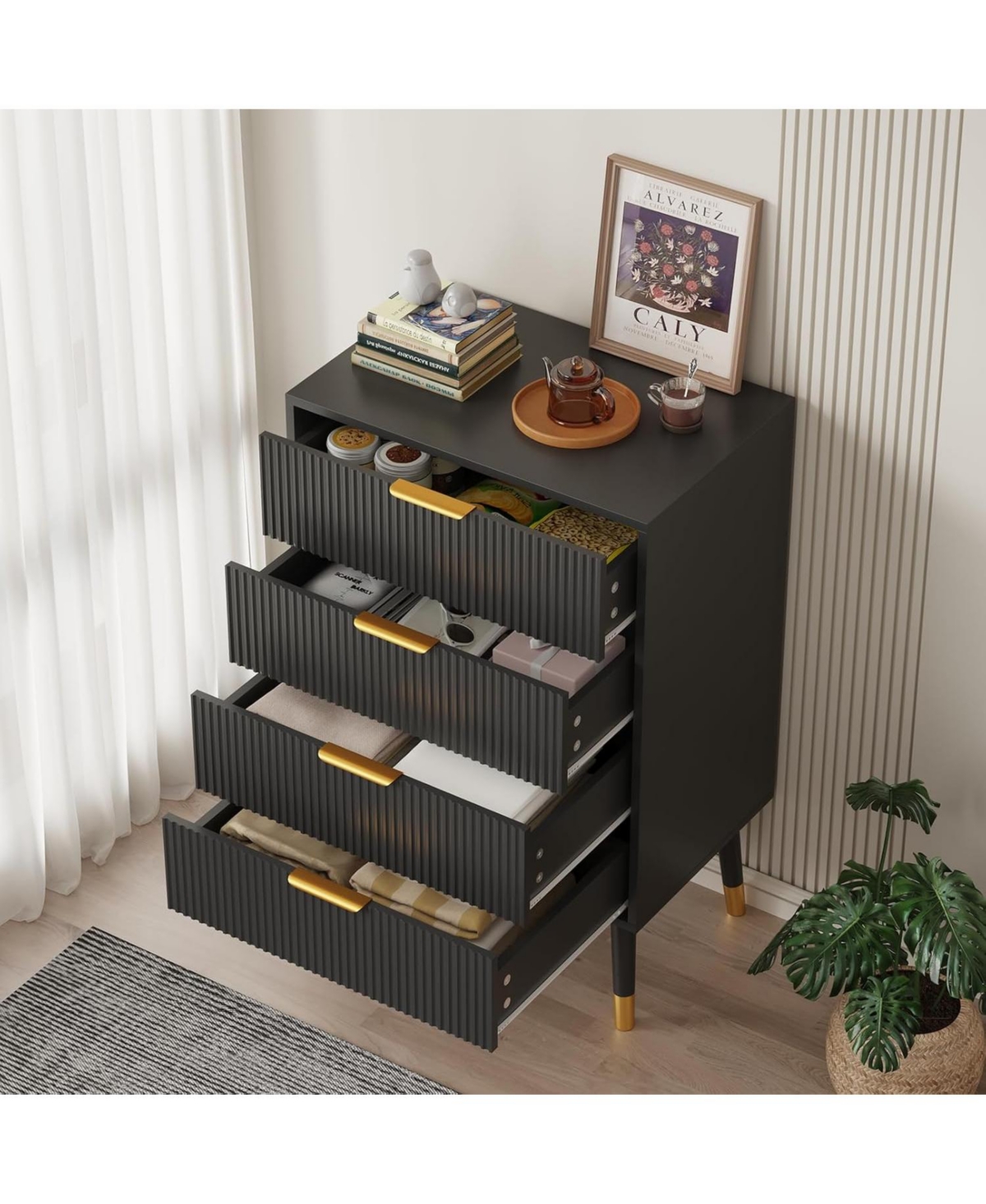 gaomon fluted 4-drawer tall dresser with gold metal handles, wooden storage chest organizer for bedroom or living room