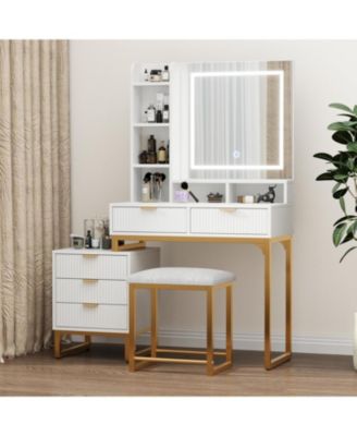 Vanity Desk Mirror and Lights Fluted Vanity Desk for Bedrooms, Apartments, Easy to Assemble