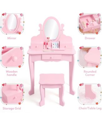 Kids Vanity Set with Mirror and Stool, Girls Wooden Makeup Playset