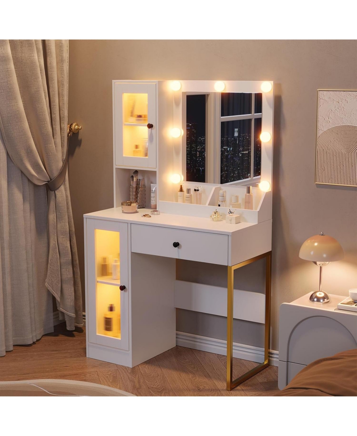 Gaomon Makeup Vanity Desk Led Lights and Mirror 3 Color Modes Bulbs Dressing Table for Bedrooms, Apartments