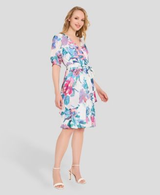 Women's Faux Wrap Printed Ruffle Hem V-Neck Dress