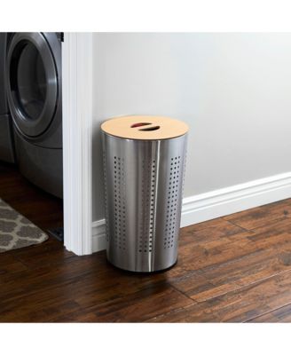 Round Metal Hamper with Engineered Wooden Lid, Stainless Steel