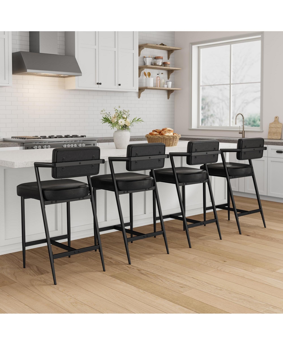 gaomon Set of 2 Farmhouse Upholstered Bar Stools, Tall Counter Height Chairs with Plush Cushions & Backrest