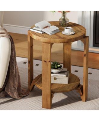 Solid Wood End Table, 2-Tier Round Sofa Side Table with Storage, Farmhouse Wooden Nightstand, Brown
