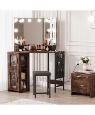 Corner Vanity Desk LED Lighted Mirror Charging Station and Storage Cabinet for Bedrooms, Apartments, Easy to Assemble