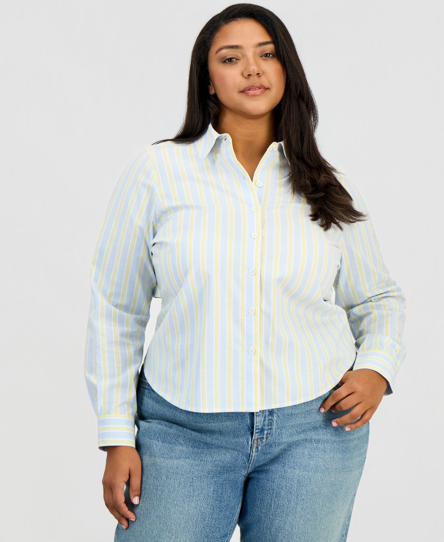 Женская рубашка On 34th Trendy Plus Size Tie-Back Button-Front, цвет: Бриллиантовый синий комбинированный — фото 1