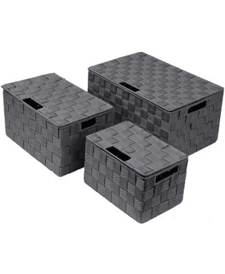 3 Piece Decorative Stackable Woven Basket with Lid and Built-in Carry Handles - Great for Storage and Organization