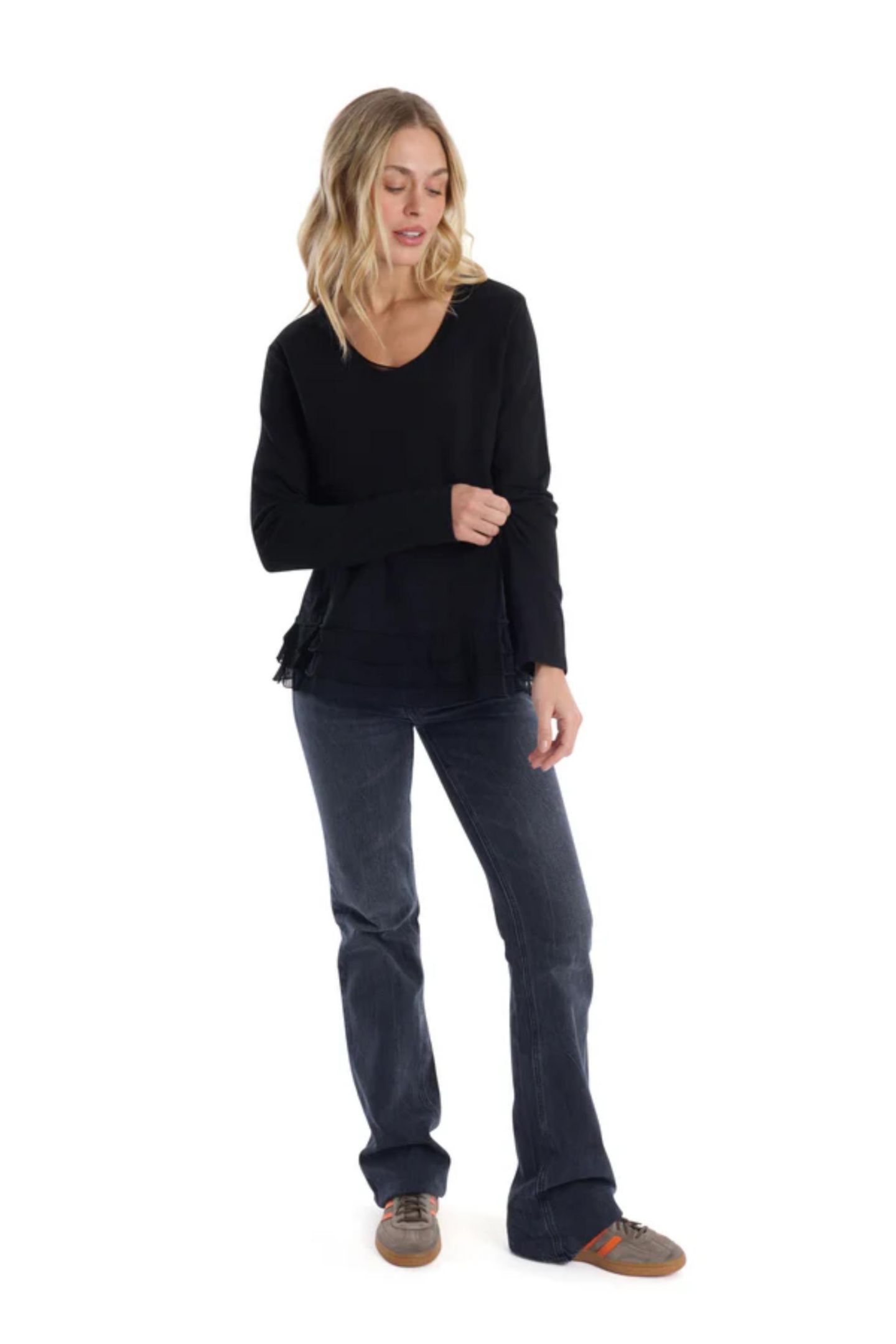 Женская футболка WILT Clothing V-Neck Mixed Media Long Sleeve, цвет: Чёрный — фото 4