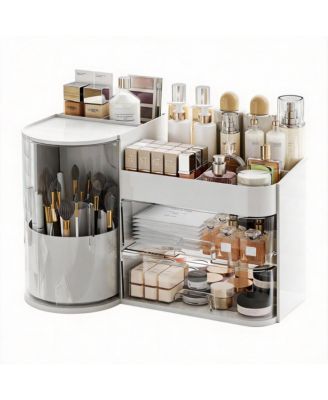 Elegant Makeup Organizer with Rotating Brush Holder & Drawers for Vanity Storage