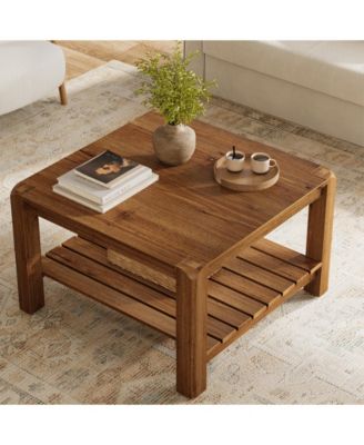 31.5" Solid Wood Coffee Table, 2-Tier Square Center Table with Rounded Corners, Modern Rustic Coffee Furniture
