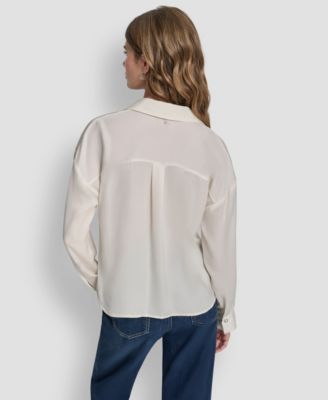 Women's Long-Sleeve Rhinestone Button-Front Shirt With Twist Hem