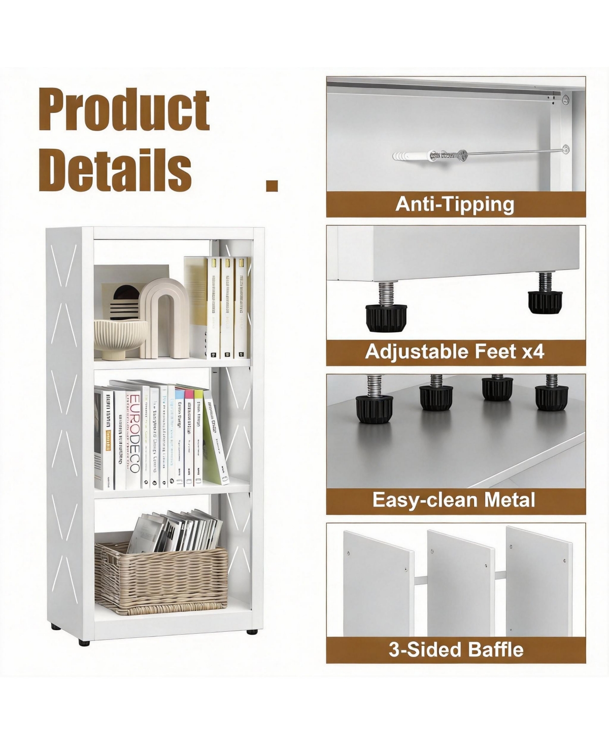 Yigii Adjustable Metal Bookshelf with 3-Side Protection - White