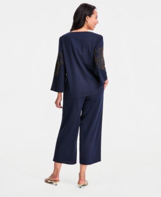 Women's Beaded Split-Neck Top & Cropped Drawstring Wide-Leg Pants