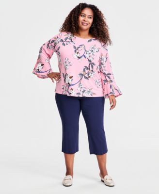 Plus Size Winding Leaves Flare Sleeve Boat Neck Top