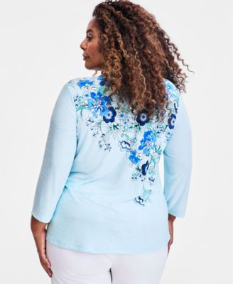 Plus Size Printed Jacquard 3/4-Sleeve Top