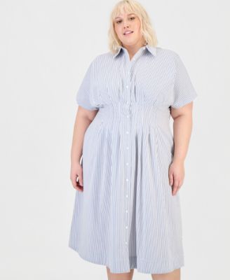 Trendy Plus Size Pinstriped Pleated-Waist Midi Shirtdress
