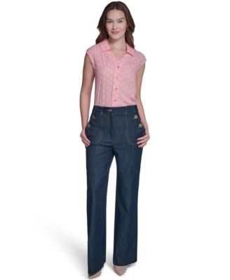 Women's Sleeveless Dot Collared Blouse