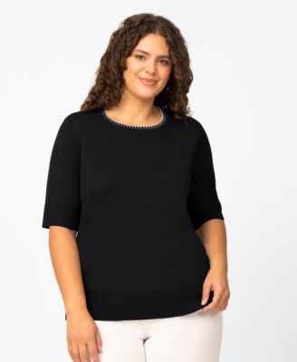 Plus Size Whip Stitch Elbow-Sleeve Knit Sweater