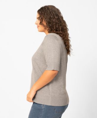 Plus Size Whip Stitch Elbow-Sleeve Knit Sweater