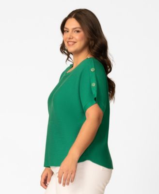 Plus Size Vertical Rib Button Short-Sleeve Sweater