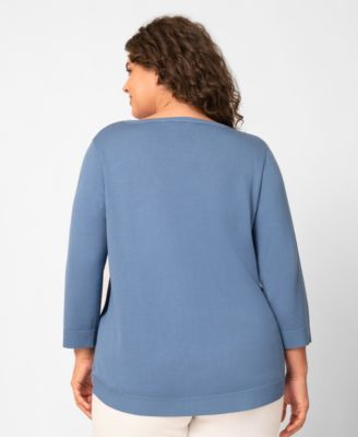 Plus Size Anchor Textured Hi Low Boat Neck Sweater