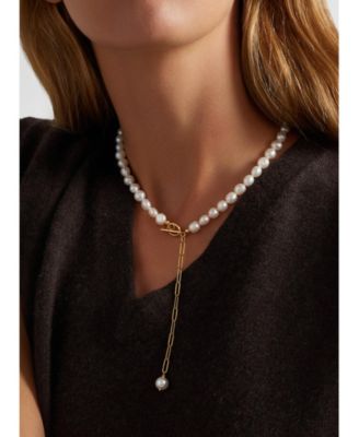 Stainless Steel Chain & Freshwater Pearl Lariat Necklace