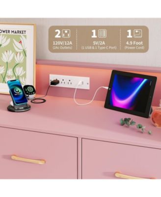 5 Drawer Dresser for Bedroom, 47 in Modern Wooden Dresser with LED Lights Charging Station, Wide Chest of Drawers Storage Organizer for Nursery