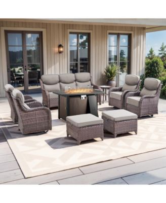 Crescent Brown Wicker Fire Pit Conversation Set with Olefin 6 In. Thick Cushions Patio Swivel Chairs (9-Piece)