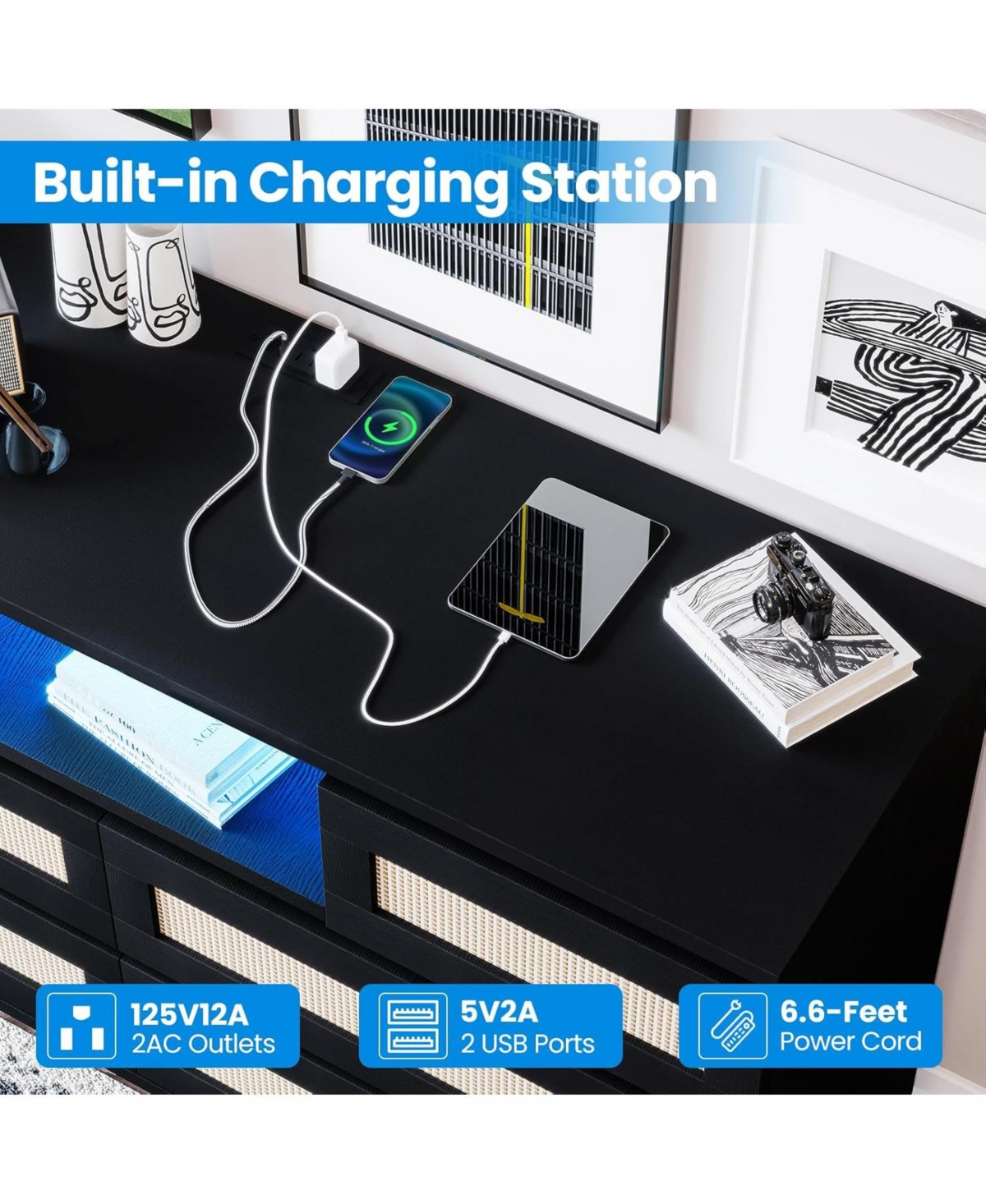 gaomon Rattan 6 Drawer Dresser for Bedroom, Modern Farmhouse Wood Closet Dresser, Compact Chest of Drawers