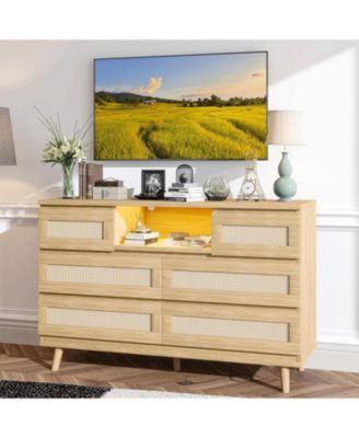 Rattan 6 Drawer Dresser for Bedroom, Modern Farmhouse Wood Closet Dresser, Compact Chest of Drawers
