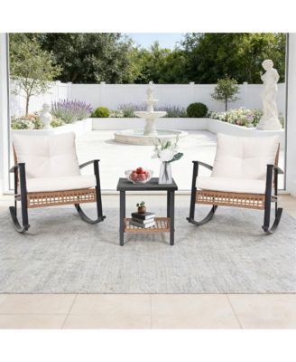 Pulled rattan Rocking chair 3 piece Set Outdoor Patio Set Lounge Chairs Thick Cushions for Patio