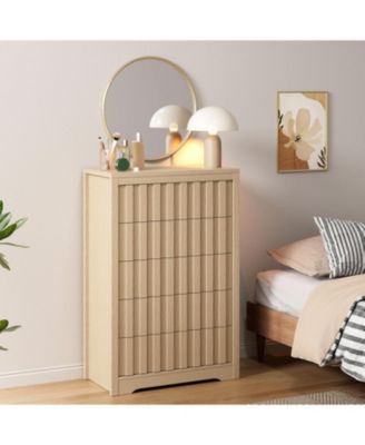 Fluted Dresser for Bedroom with 5 Drawers, 47.2'' Wide Modern Chest of Drawers with Curved Profile, Natural Wooden Drawer Organizer for Bedroom