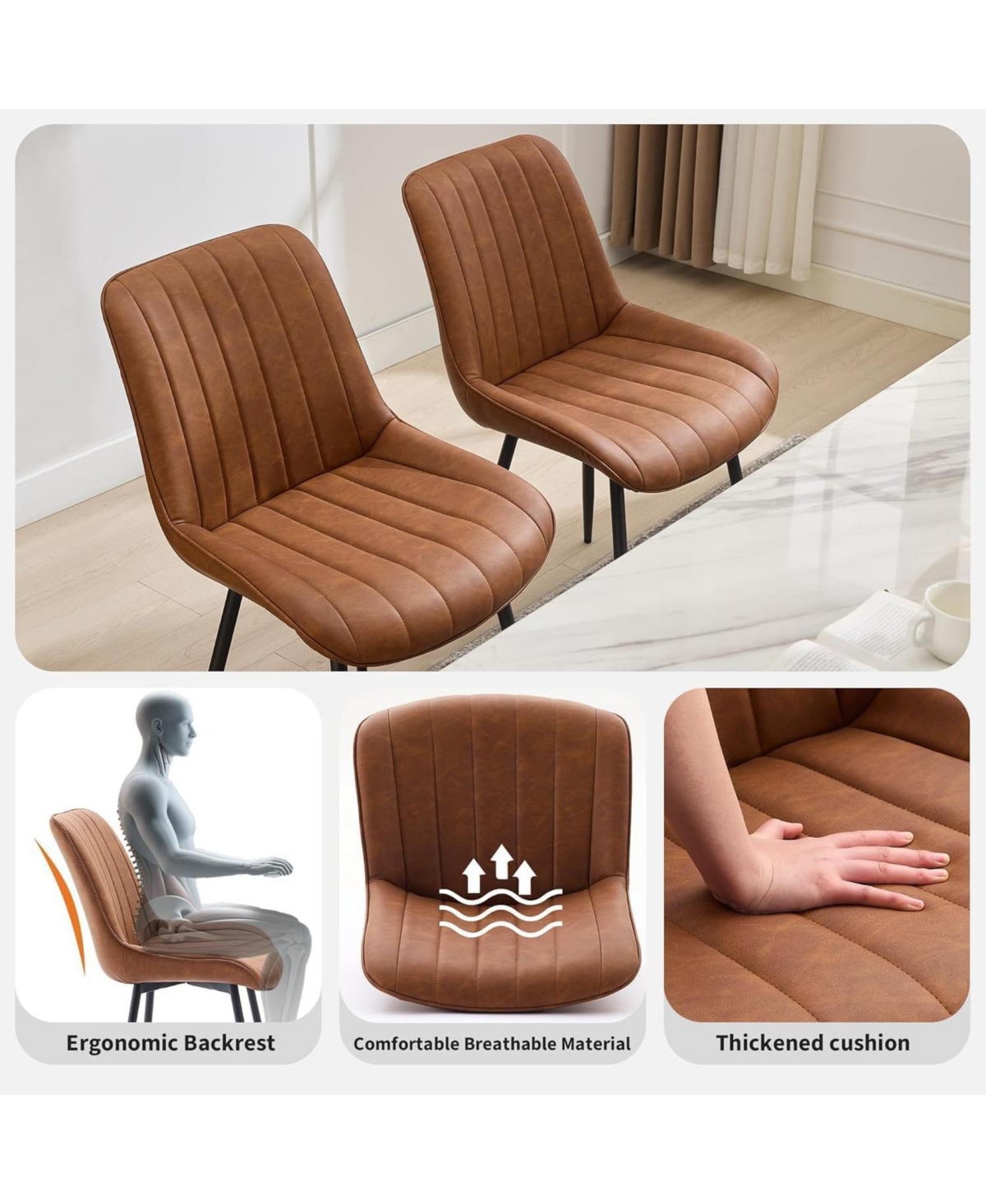 gaomon Set of 2 Modern Faux Leather Upholstered Dining Chairs, Linear Design Side Seating with Sturdy Metal Legs