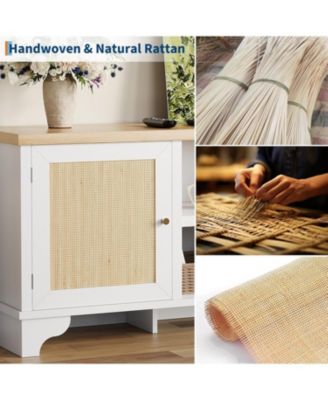 Rattan TV Stand for 65 in TV, Boho Entertainment Center with Cabinets & Open Shelves