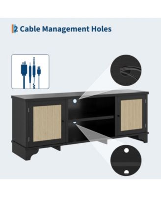Rattan TV Stand for 65 in TV, Boho Entertainment Center with Cabinets & Open Shelves
