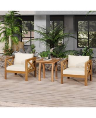 2 Piece Outdoor Acacia Wood Conversation Set with Armchairs Cushions Teak Finish End Table for Backyard Patio Poolside