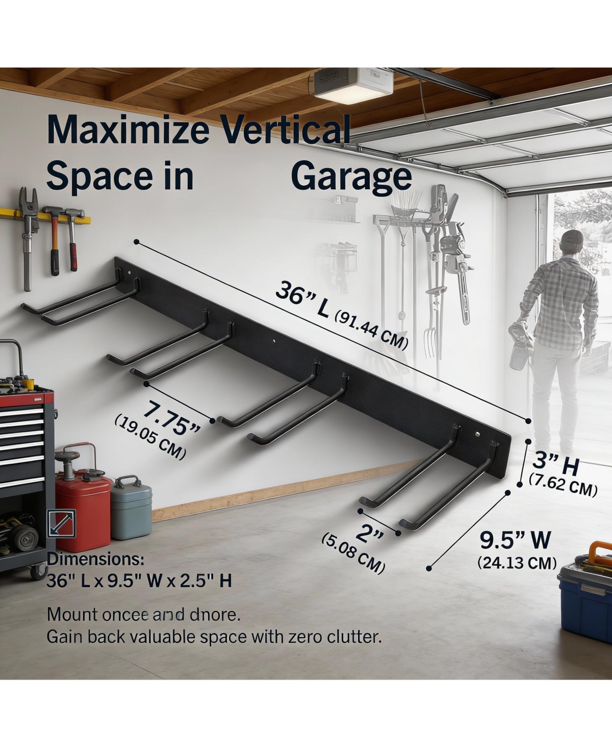 Yigii Wall-Mounted Garden Tool Rack - Heavy Duty Steel, 4 Hooks, 250lb Capacity