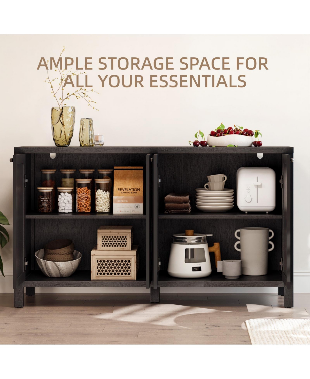 Sugift 55" Black Sideboard Buffet Cabinet Modern Storage Credenza with Doors Heavy Duty Wood Media Console for Living Room Hallway Entryway