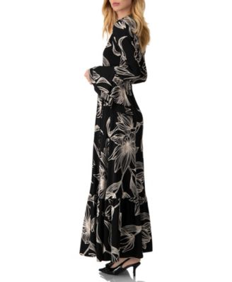 Women's Long Black Dress with Floral Print