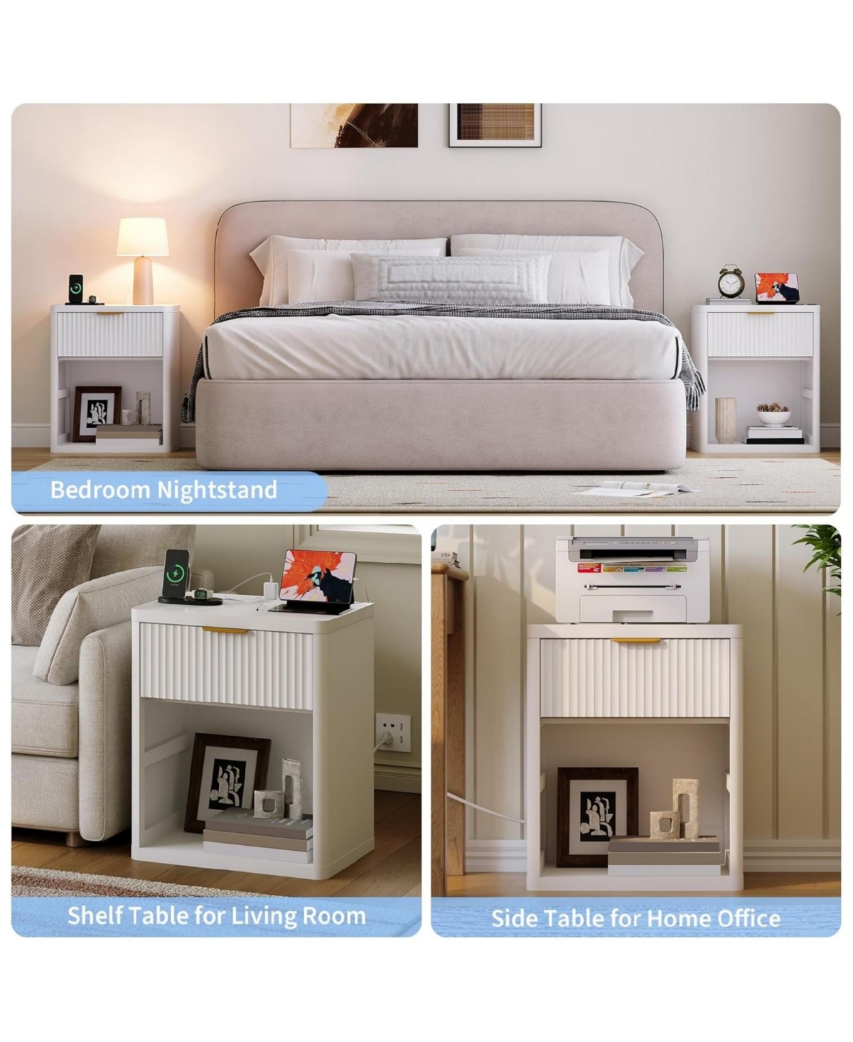 gaomon Set of 2 White Fluted Nightstands, Bedside Table with Charging Station Drawers & Open Storage