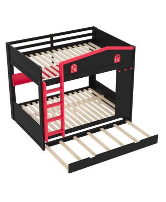  Queen Bunk Bed w/Trundle & Storage Shelves, Solid Wood, Black&Red