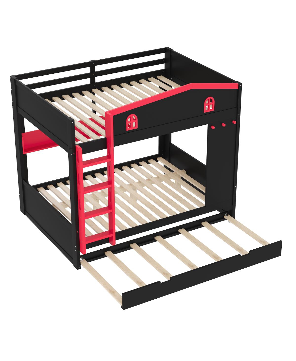 Streamdale Furniture Queen Bunk Bed w/Trundle & Storage Shelves, Solid Wood, Black&Red