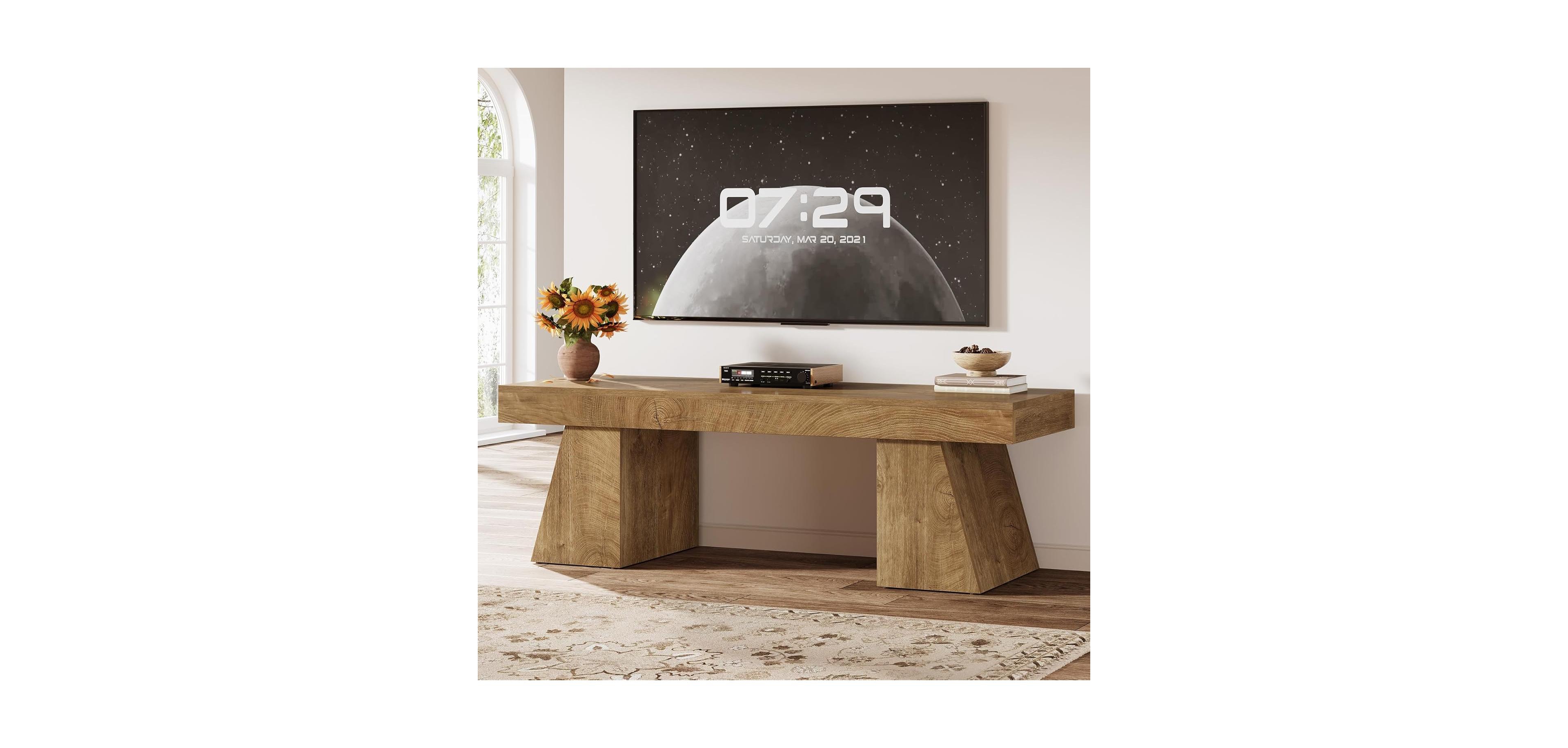 Tribesigns 63" Tv Stand for 55/60/65/75-Inch TVs, Farmhouse Entertainment Center with Double Geometric Pedestal, Media Console Television Stands