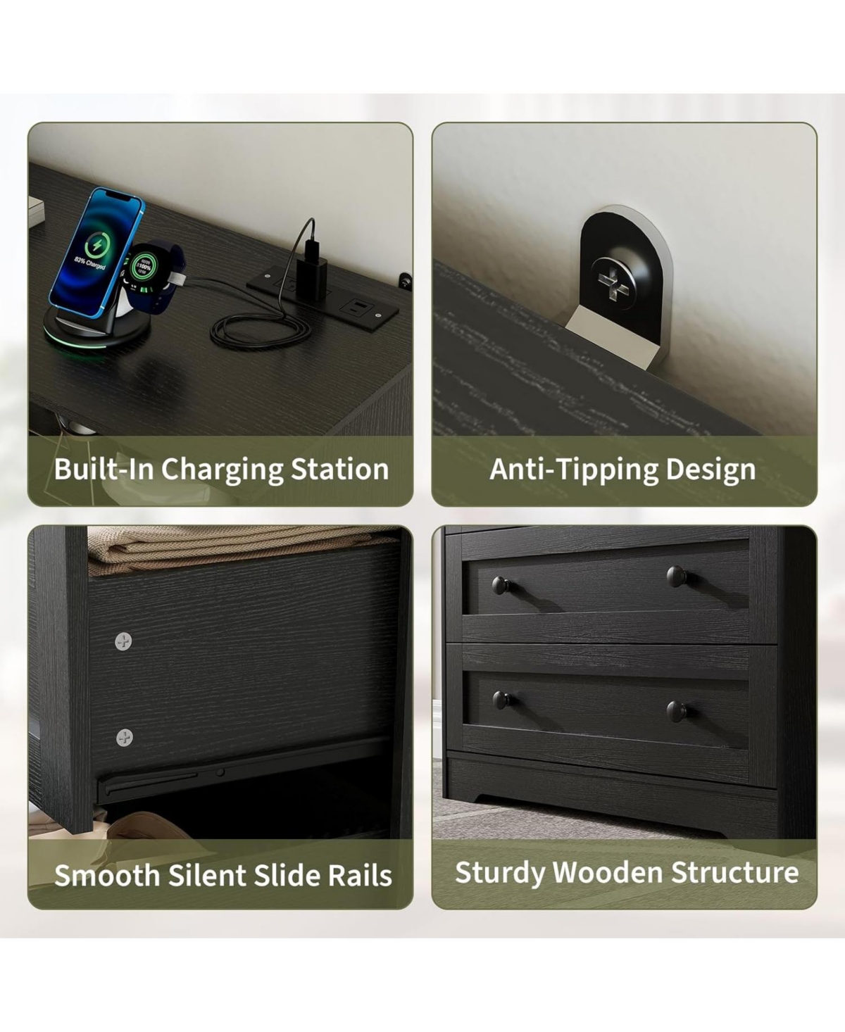 gaomon 3 Drawer Tall Dresser for Bedroom with Led Lights, Wood Charging Station Closet, Wooden Nightstand Bedside