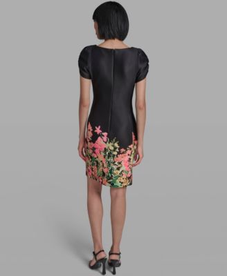 Women's Short-Sleeve Floral Border Hem Sheath Dress