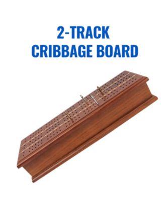 2-Track Wooden Cribbage Board Game Box with Playing Cards, Metal Pegs and Storage Drawer